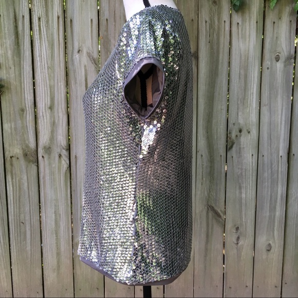 August Silk · Silver Sequin Short Sleeve Top Sz L - Picture 3 of 8